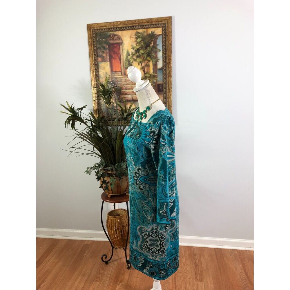 Allison Brittney Shift Dress Womens Medium Blue Paisley Square Neck Stretch - Picture 2 of 8